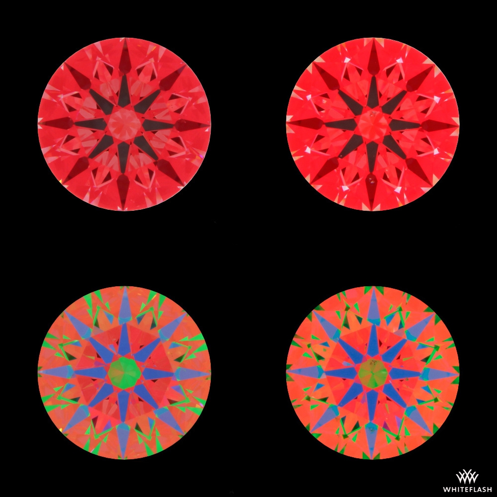 This image displays four round diamonds, each showcasing different light performance patterns. The top two images are Ideal Scope images showing a predominantly red pattern with a symmetrical star-like shape in the center, indicating optimal light return. The bottom two images are ASET (Angular Spectrum Evaluation Tool) images, showing a mix of red, green, and blue colors that reveal the light return, leakage, and contrast areas within the diamonds.