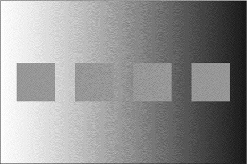 An optical illusion showing four squares of the same shade of gray positioned on a background that gradually transitions from light gray on the left to dark gray on the right. Despite the squares being identical, they appear to vary in shade due to the gradient background.